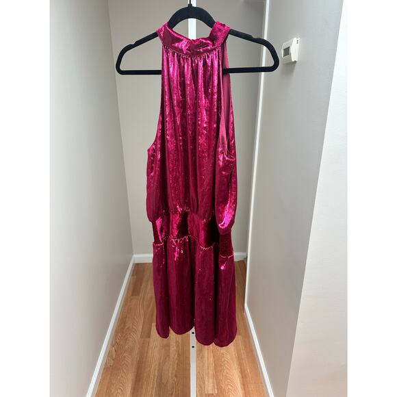 NEW NWT Ramy Brook Ellin Shiny Velour Halter Mini Dress Red Large - Picture 3 of 6